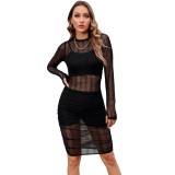 Nightclub mesh dress + vest + shorts three-piece set