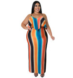 Plus Size Women's Summer 2022 Intercolor Print Sling Sexy Bodycon Dress