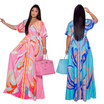 2022 vestido de verano moda Casual posicionamiento estampado mariposa manga señoras gran columpio lateral hendidura vestido largo