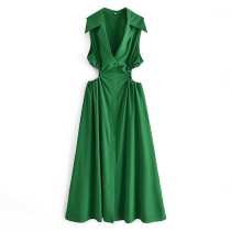 Moda de primavera y verano y elegante solapa con cuello en V sin mangas cintura hueca vestido acampanado para mujer