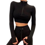 Drawstring Zipper Sports Long Sleeve Gym Suit Women's Seamless Yoga Wear