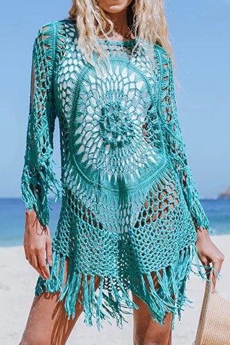 Spring Summer Long Sleeve Bikini Knitting Beach Blouse Hand Crochet Hollow Knitting Skirt