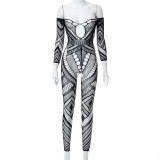 Women's Fashion Spring Sexy Off Shoulder Long Sleeve Tight Fitting Cutout Pants Jumpsuit