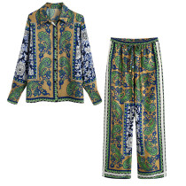 Spring printed drape loose shirt elastic waist pajama style trousers suit women