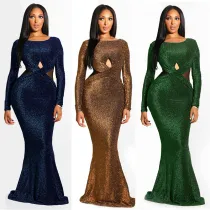 Women's Fall Winter Long Sleeve Sexy Low Back Evening Dress Long Dress
