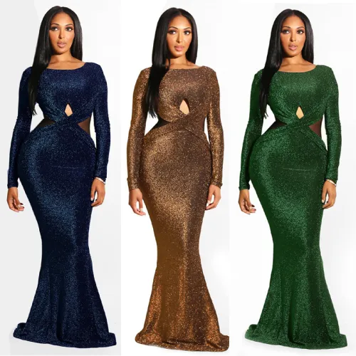 Women's Fall Winter Long Sleeve Sexy Low Back Evening Dress Long Dress