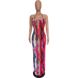 Women's Tie Dye Print Sling Low Back Slit Dress