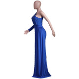 Women Fashion Casual Slash Shoulder Irregular Solid Dress Party Evening Dress