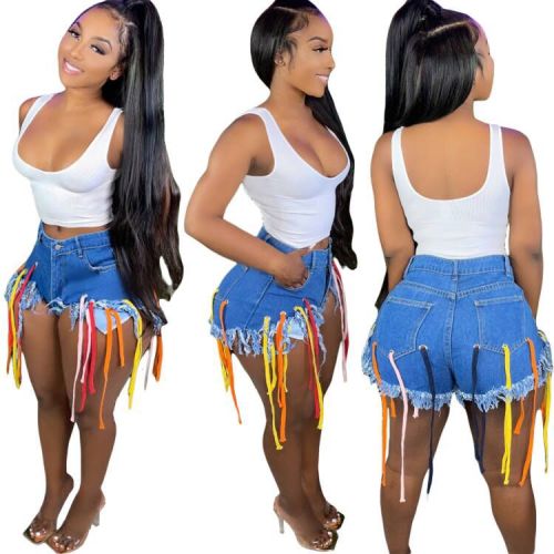 Sexy, mehrfarbige Denim-Shorts mit Fransen im Seilstil für Damen