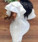 Pullover Midi Dress Chic Career High Waist Lace Slit Solid Off Shoulder White Dress