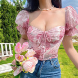 Retro idyllic large flower suspender top summer women's sexy chiffon shirt