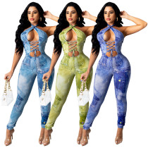 Women's Digital Positioning Print Halter Neck Tube Top Low Back Drawstring Fashion Sexy Jumpsuit