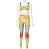 Women's Summer Starfish Print Sleeveless Sling T-Shirt High Waist Tight Fitting Pant Set