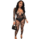 Women's Fashion Spring Sexy Off Shoulder Long Sleeve Tight Fitting Cutout Pants Jumpsuit