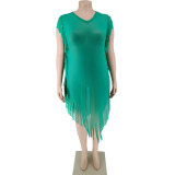 Plus Size Women's Summer Solid Breathable Split Round Neck Fringe Dress