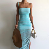 Summer Mesh Pleated Solid Strap Dress