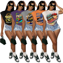 T-shirt à découpes latérales sans manches à imprimé Cool Racing pour femmes
