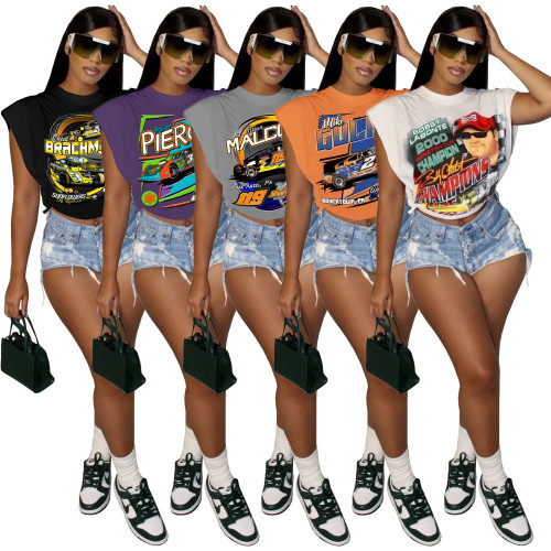 Damenmode Cool Racing Print ärmelloses T-Shirt mit seitlichem Ausschnitt