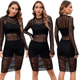 Nightclub mesh dress + vest + shorts three-piece set