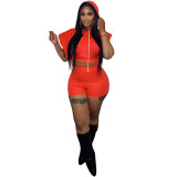 Women Summer Casual Solid Sleeveless Hooded Top And Shorts Tracksuit