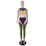 See-Through Women's Color Contrast Patchwork Mesh Sleeveless Pant Set Sexy Casual Activewear