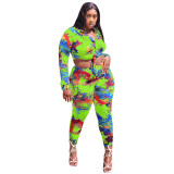 Fashion Women Spring Long Sleeve Printed Top And Pant Two Piece Set