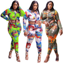 Fashion Women Spring Long Sleeve Printed Top And Pant Two Piece Set