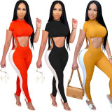 Women Sexy Colorblocking  Short Sleeve Top And Suspender Pant  Two Piece Set