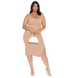Women's Summer Plus Size Solid Wide Ribbed High Stretch Slit Tank Two Piece
