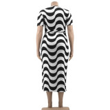 Plus Size Women Striped Print  With Belt Long Dress