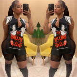 Women Punk Fringe Irregular Slit T-Shirt And Mesh See-Through Shorts Casual Two Piece