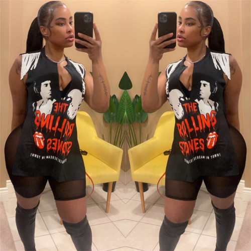Women Punk Fringe Irregular Slit T-Shirt And Mesh See-Through Shorts Casual Two Piece