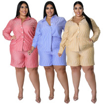 Conjunto de dos piezas de top y pantalones cortos sueltos con estampado de rayas de camisa de verano para mujer de talla grande