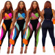 See-Through Women's Color Contrast Patchwork Mesh Sleeveless Pant Set Sexy Casual Activewear