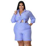 Plus Size Women Summer Shirt Striped Print Loose Top And Shorts Two Piece Set
