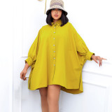 Spring Casual Plus Size Yellow Button Up Turndown Collar Long Sleeve Oversize Dress