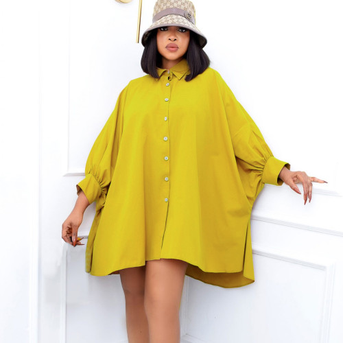 Spring Casual Plus Size Yellow Button Up Turndown Collar Long Sleeve Oversize Dress