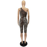 Women's Summer Fashion Cutout One Shoulder Leopard Print Jumpsuit