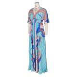 2022 Summer Dress Fashion Casual Positioning Print Butterfly Sleeve Ladies Large Swing Side Slit Long Dress