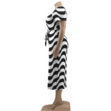 Plus Size Women Striped Print  With Belt Long Dress