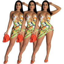 Fashion Ladies Sexy Print One Piece Bodysuit With Cover Dress Swimwear Two Piece Set