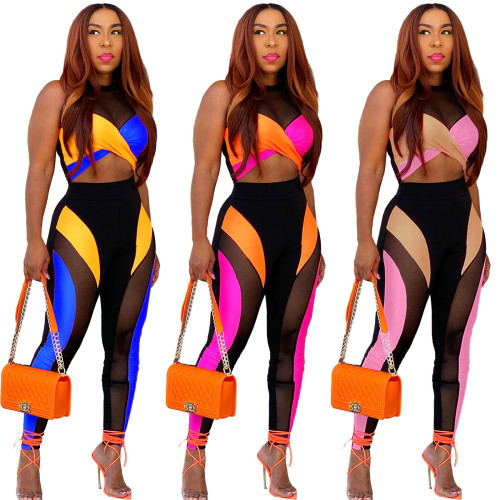 Women Summer Sexy Color Blocking Vest And Pant Two-Piece Set