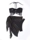 fringed strapless suspender mesh three piece bikini swimsuit