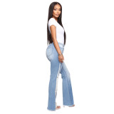 Women's Spring Summer Casual Pants Light Blue Plus Size Flare Ripped Denim Pants