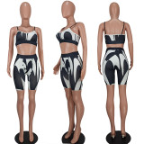 Women Fashion Sexy Straps Top And Shorts Print Two Piece Set