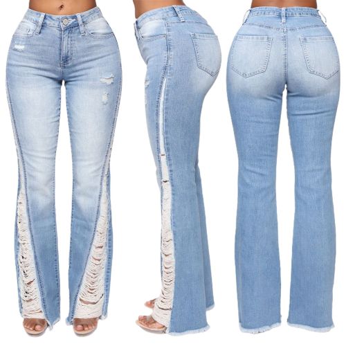 Женские повседневные брюки весна-лето Голубые расклешенные рваные джинсовые брюки больших размеров