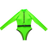 Fluorescent Solid Color Long Sleeve Ladies One Piece Swimsuit