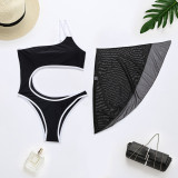 Sexy One shoulder Cutout One Piece Swimwear Women's Solid Color Mesh Skirt Two Piece Swimsuit