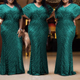 Plus Size Sequin Stripe Dress Elegant V-Neck Party Long Dress