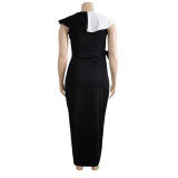 Plus Size Women  Casual Ruffle Colorblock Sleeveless Maxi Dress